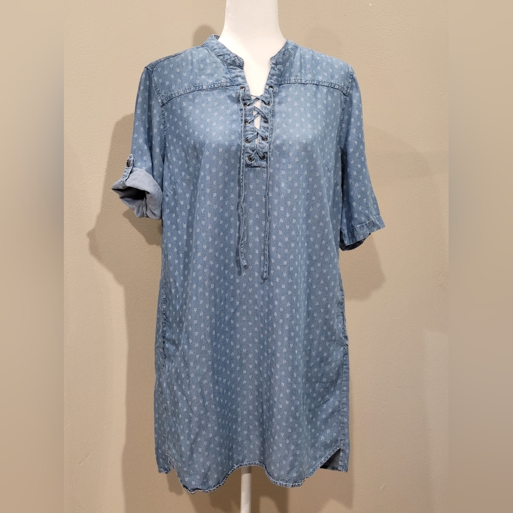 Philosophy Womens Shirt Dress Sz L Light Chambray Blue Short Sleeve Knee Length